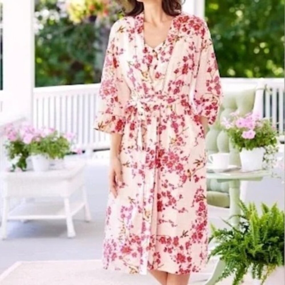 Ella Simone Pink Bird Print Bath Robe Waist Tie Cottagecore Women's S